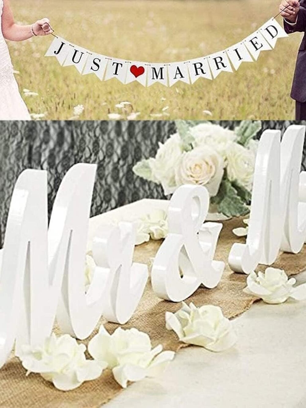 Wooden Mr & Mrs Wedding Sign with Just Married Banner,White
